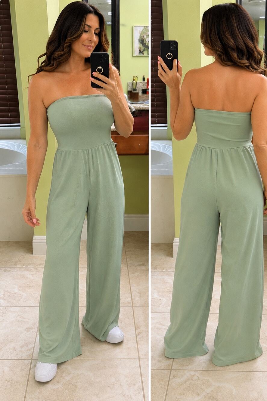 OQQ Sage Green Strapless Wide Leg Jumpsuit Medium